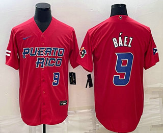Mens Puerto Rico Baseball #9 Javier Baez Number 2023 Red World Baseball Classic Stitched Jersey->2023 world baseball classic->MLB Jersey